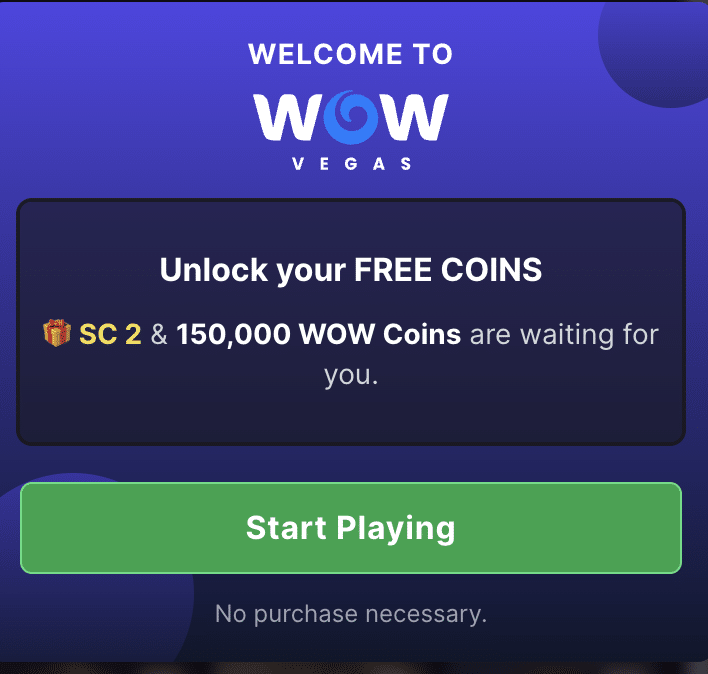 WOW Vegas no deposit bonus for signing up